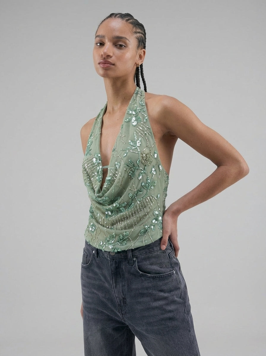 top "SEQUIN" vert｜SOWO