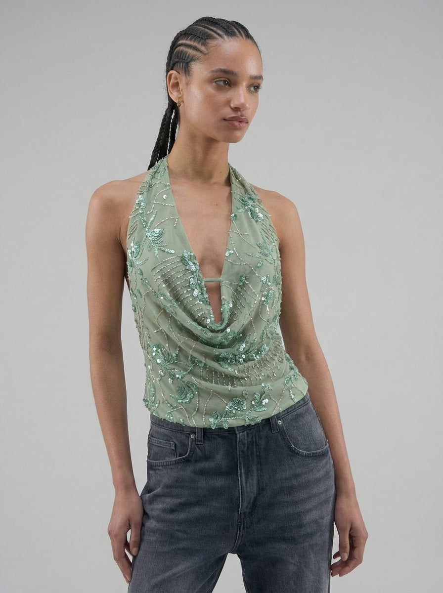 top "SEQUIN" vert｜SOWO