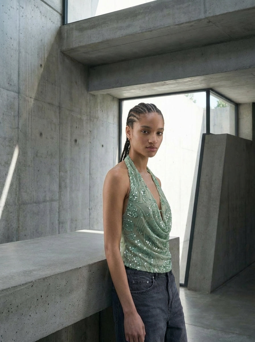 top "SEQUIN" vert｜SOWO